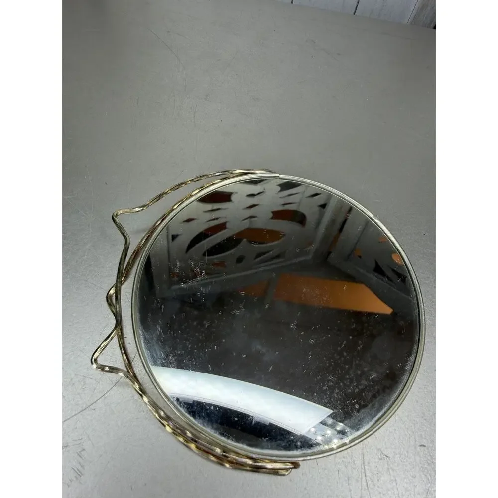 Vintage Mirror Table Top Floral Coral Metallic Edge Double Sided Hollywood Glam